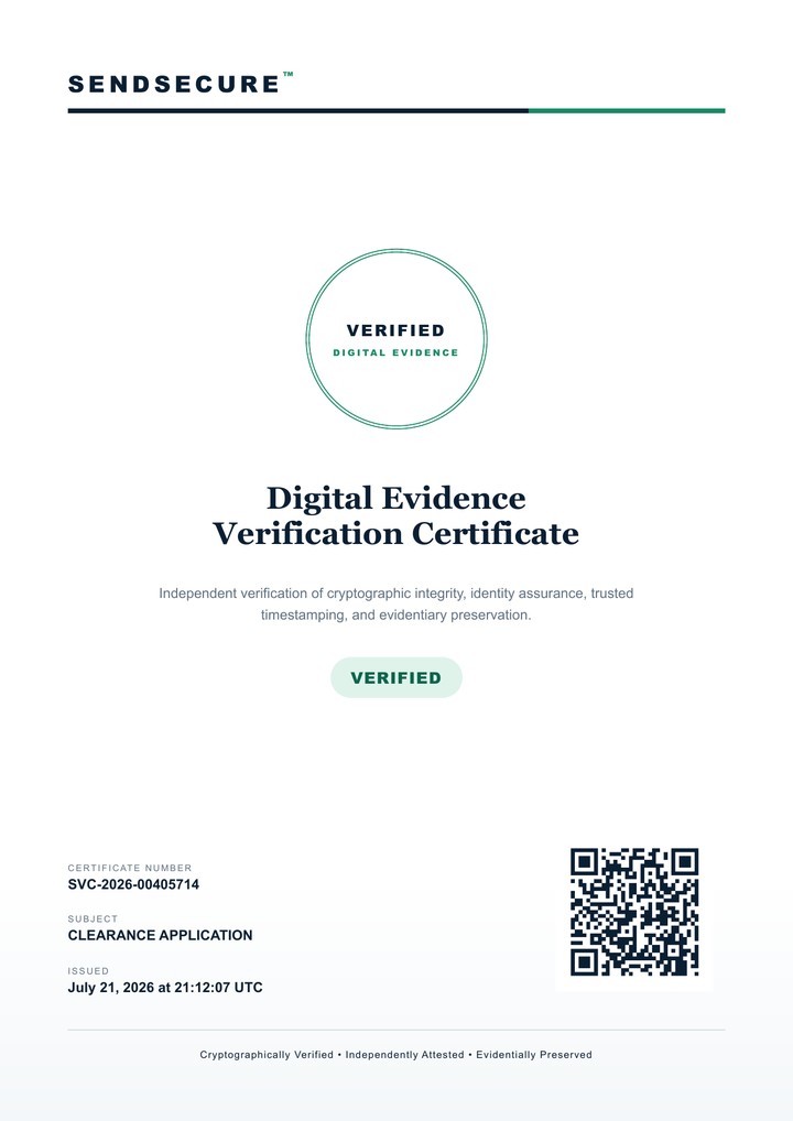 Cover page of a sample SendSecure Digital Evidence Verification Certificate